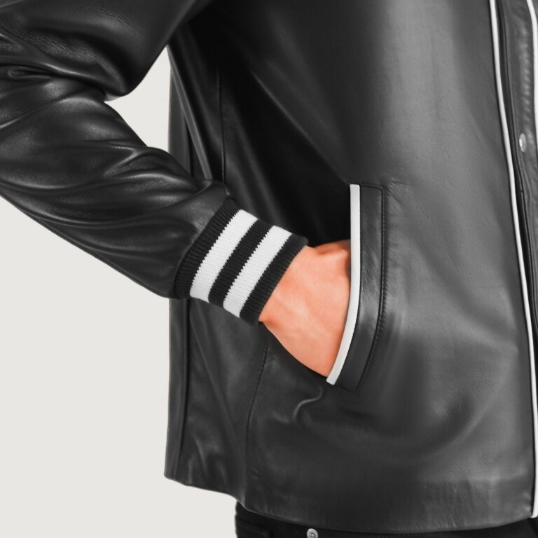 Mens Willis Black Leather Varsity Jacket Close-Up-9-1704116871109